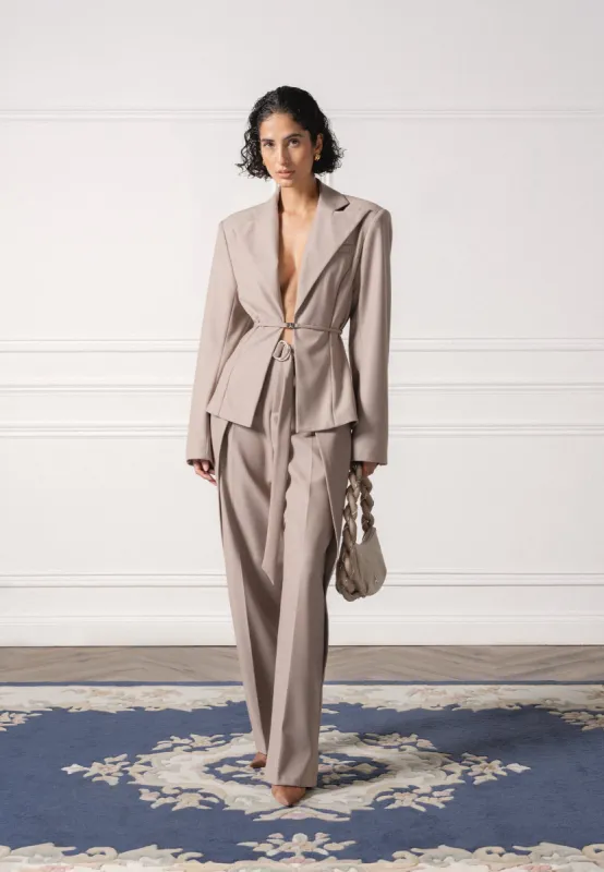Wide Shoulder Tailored Blazer with Twin Belt - Taupe sold by Maniere De Voir
