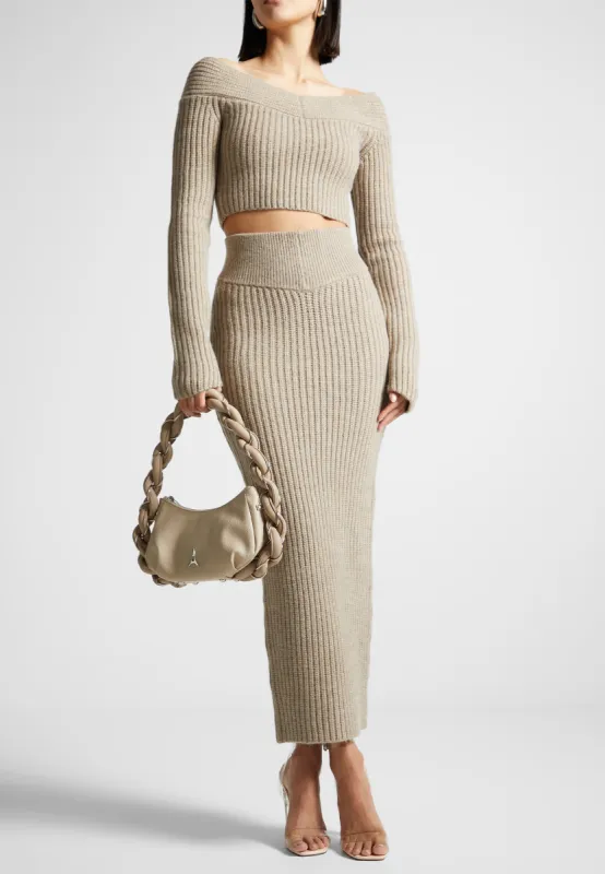 Angled Waist Knit Maxi Skirt - Beige Marl sold by Maniere De Voir