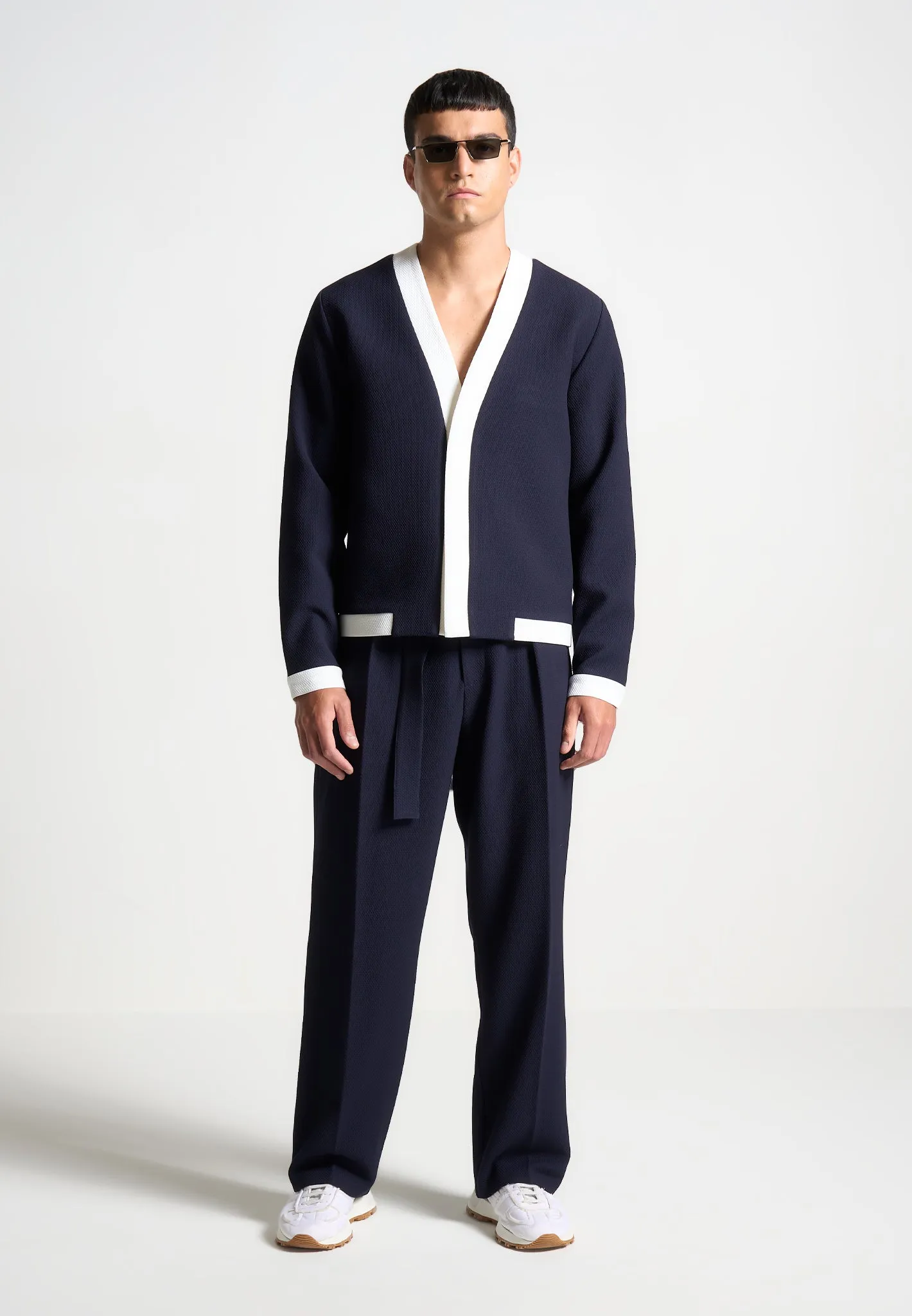 Clovis - Textured Contrast Cardigan - Navy/White sold by Maniere De Voir