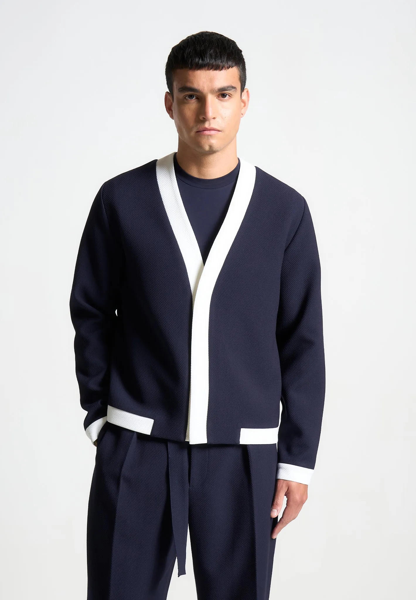 Clovis - Textured Contrast Cardigan - Navy/White sold by Maniere De Voir product image thumbnail 4