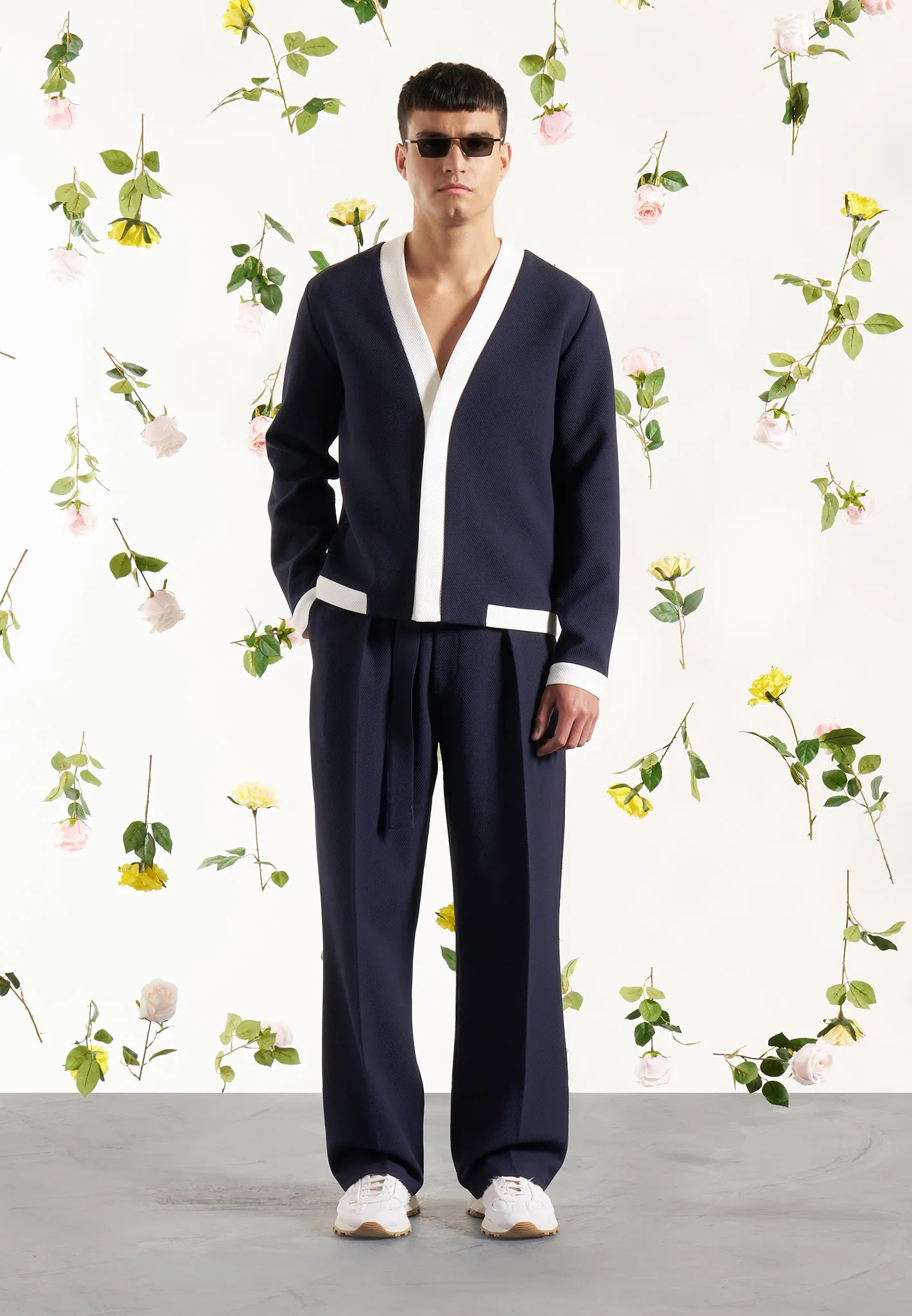 Clovis - Textured Contrast Cardigan - Navy/White sold by Maniere De Voir product image thumbnail 3