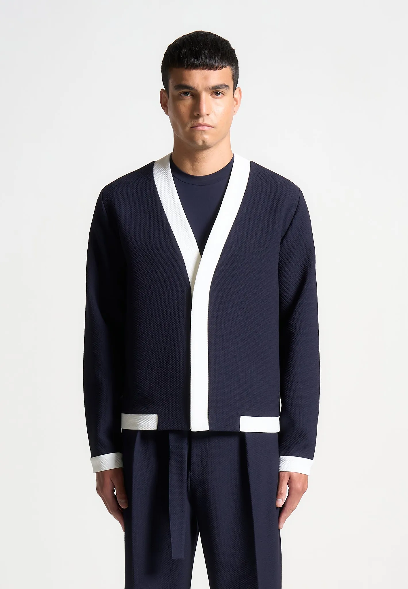 Clovis - Textured Contrast Cardigan - Navy/White sold by Maniere De Voir product image thumbnail 5