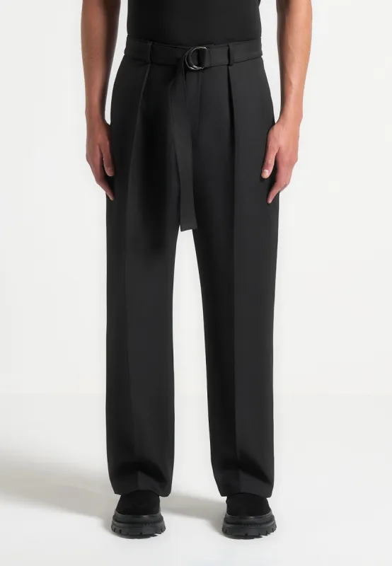 Relaxed Fit Textured Belted Tailored Trousers - Black sold by Maniere De Voir