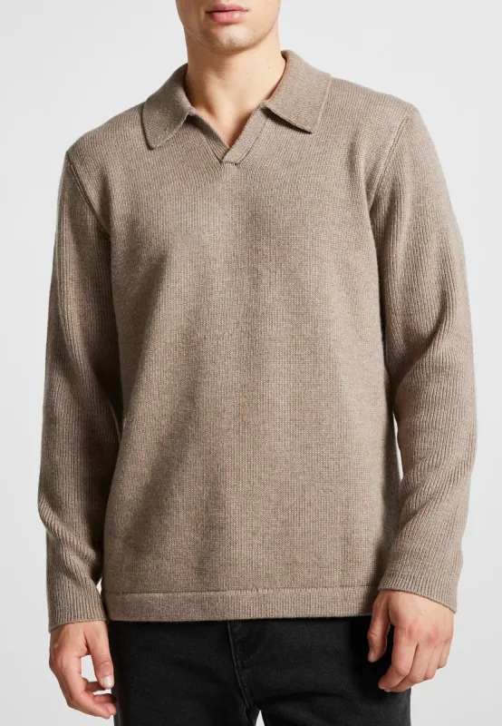 Wool Revere Long Sleeve Polo Top - Taupe sold by Maniere De Voir
