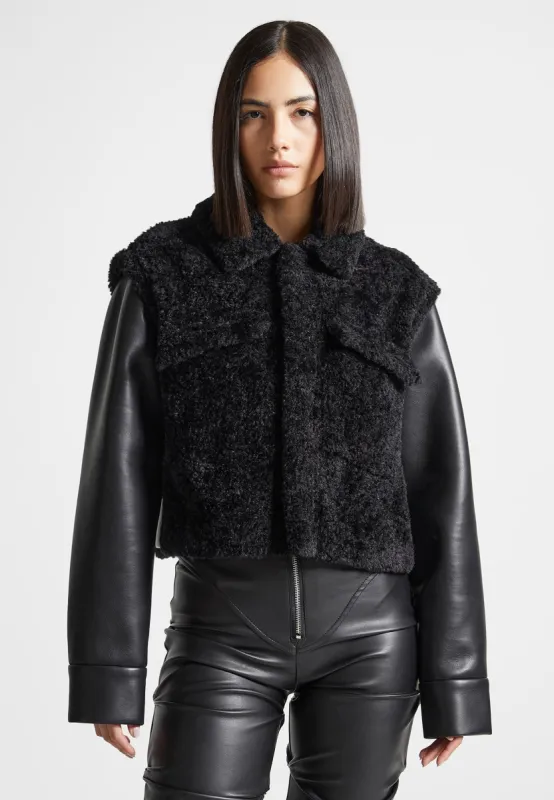 Plush Jacket With Leather Sleeves - Black sold by Maniere De Voir