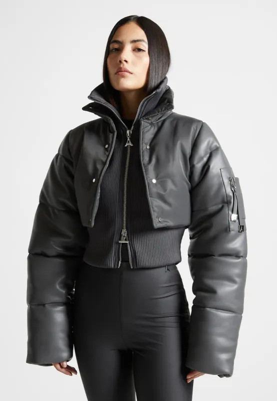Leather and Nylon Layered Puffer Jacket - Grey sold by Maniere De Voir