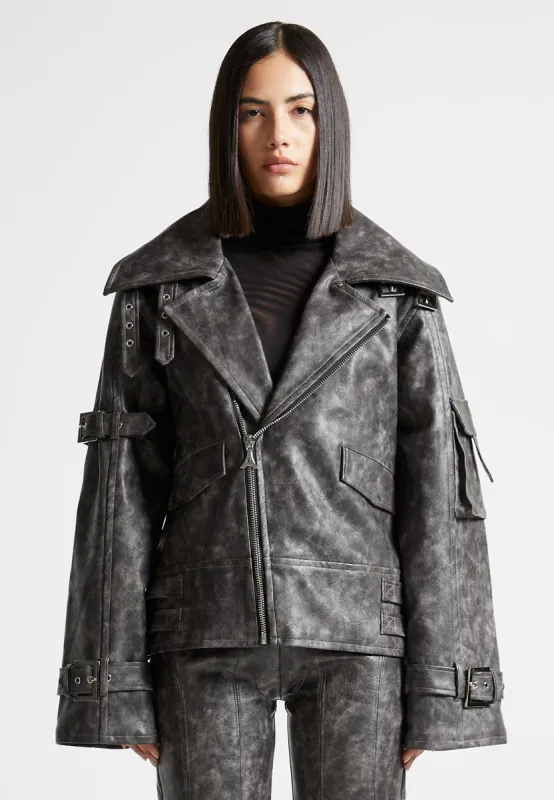 Oversized Vintage Leather Biker Jacket - Grey sold by Maniere De Voir