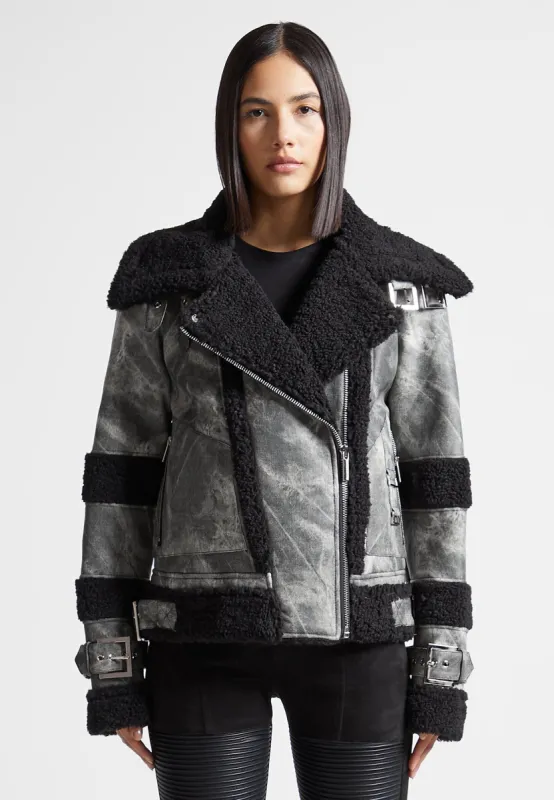 Marbled Leather Borg Biker Jacket - Black sold by Maniere De Voir