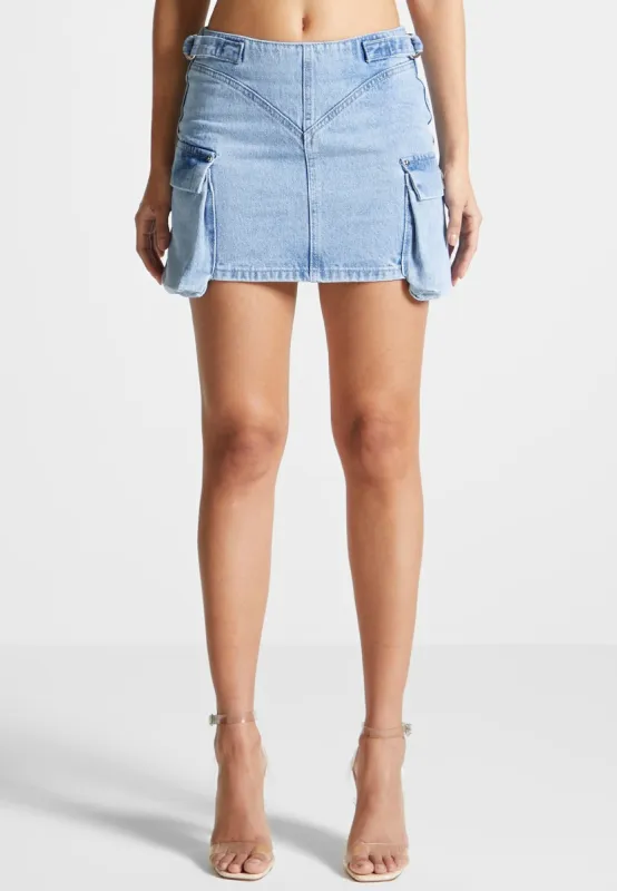 Denim Cargo Mini Skirt - Mid Blue sold by Maniere De Voir