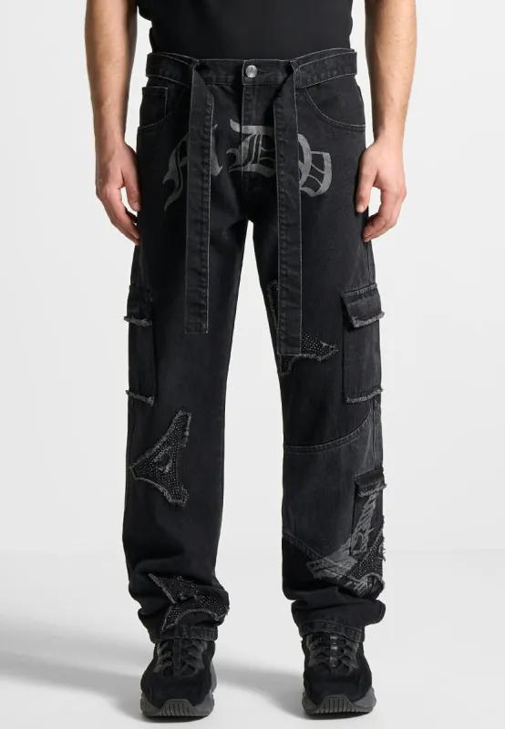 MDV Rhinestone Eiffel Patch Jeans - Stonewash Black sold by Maniere De Voir
