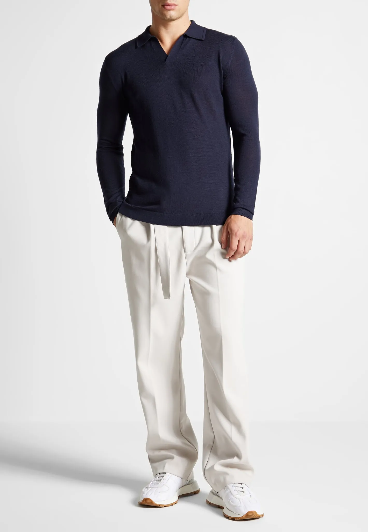 Merino Wool Long Sleeve Revere Polo Shirt - Navy sold by Maniere De Voir