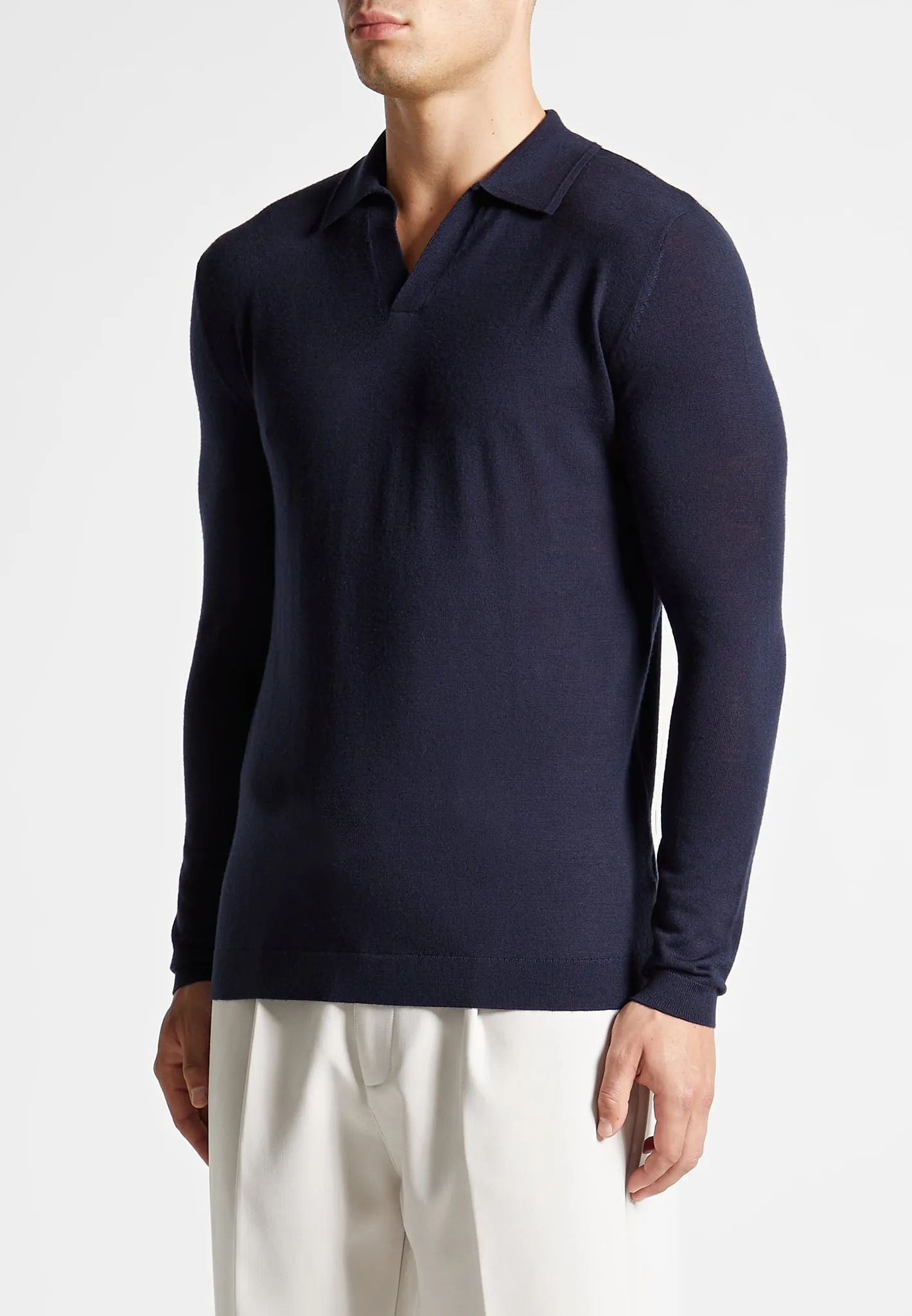 Merino Wool Long Sleeve Revere Polo Shirt - Navy sold by Maniere De Voir product image thumbnail 4