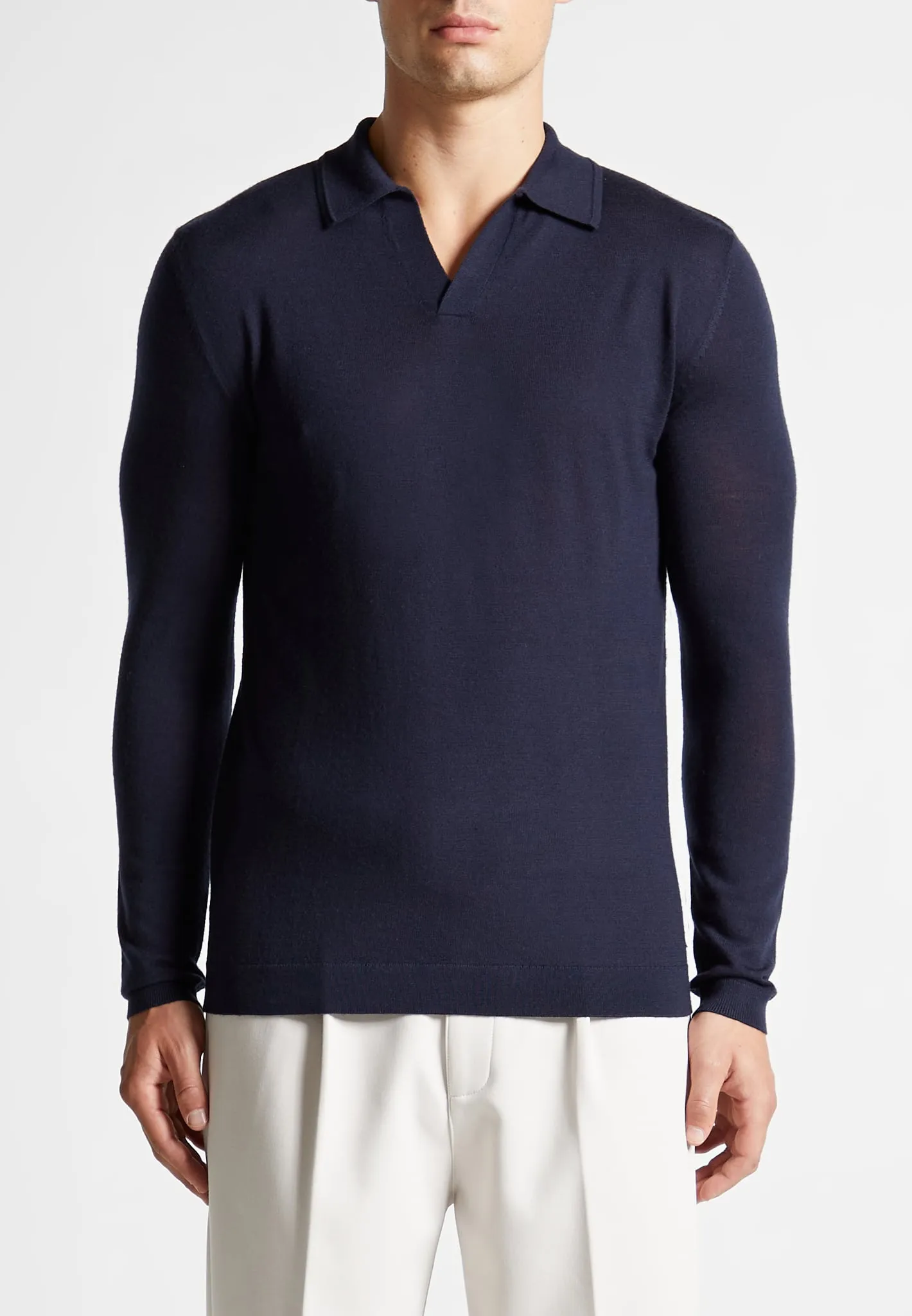 Merino Wool Long Sleeve Revere Polo Shirt - Navy sold by Maniere De Voir product image thumbnail 3