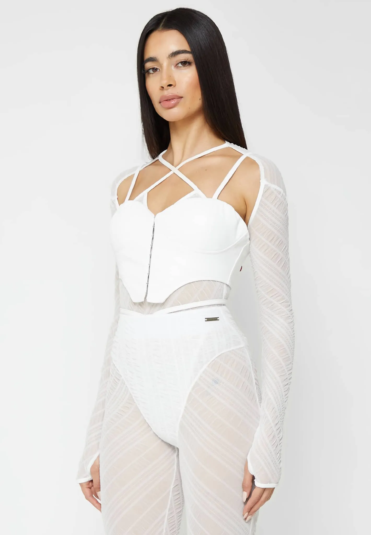 Sheer Bodysuit with Leather Corset - White sold by Maniere De Voir product image thumbnail 3