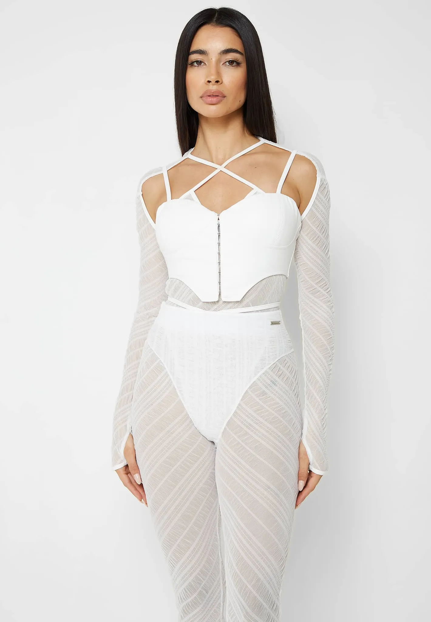 Sheer Bodysuit with Leather Corset - White sold by Maniere De Voir product image thumbnail 5