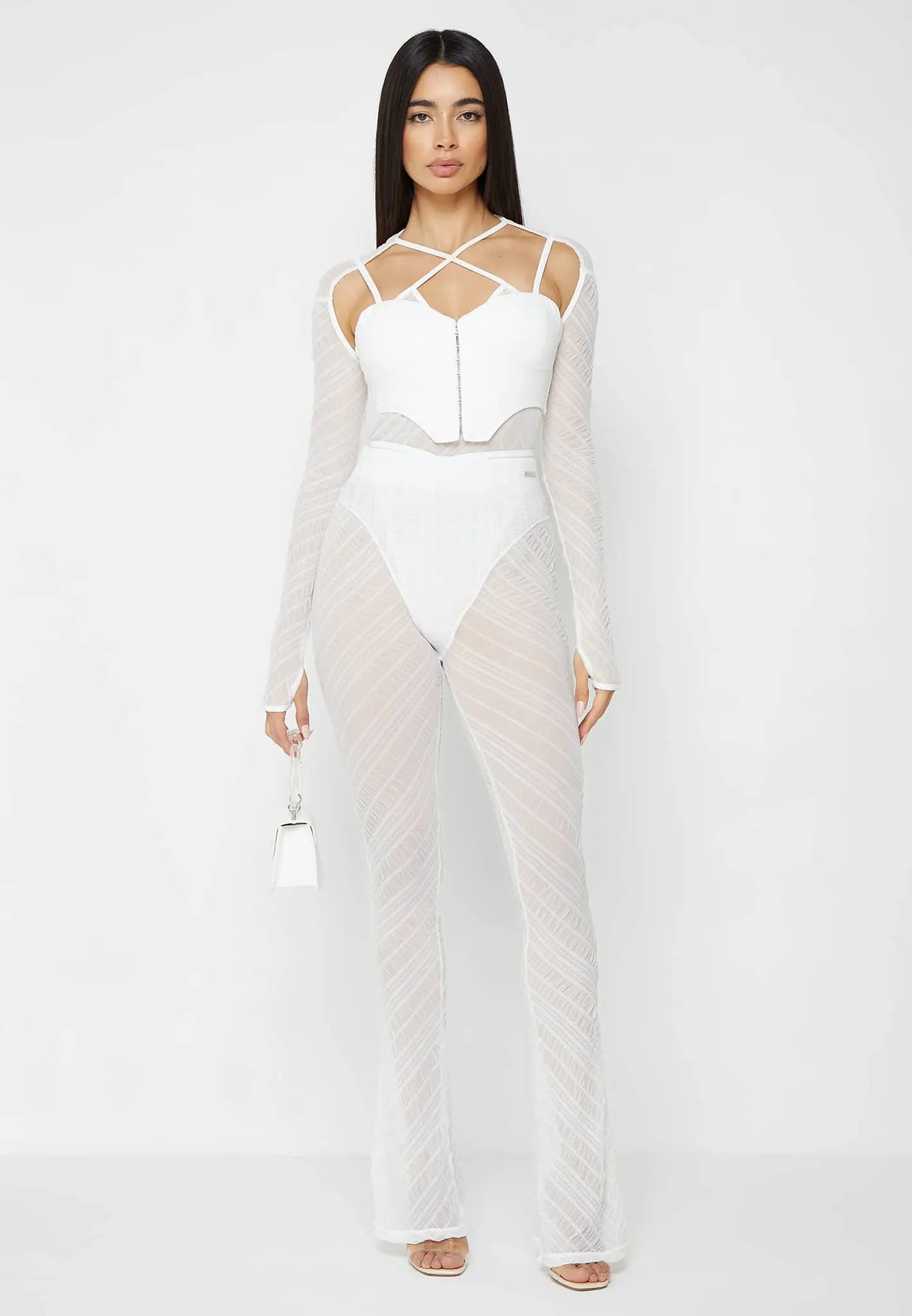 Sheer Bodysuit with Leather Corset - White sold by Maniere De Voir product image thumbnail 2