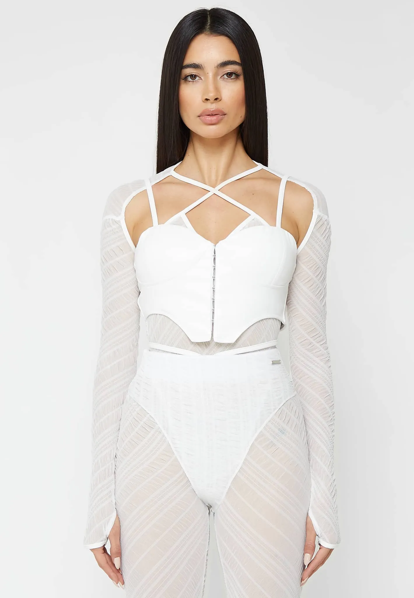 Sheer Bodysuit with Leather Corset - White sold by Maniere De Voir