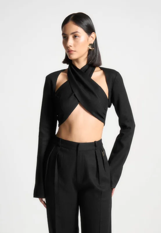Wendy - Linen Crossover Bolero Top - Black sold by Maniere De Voir