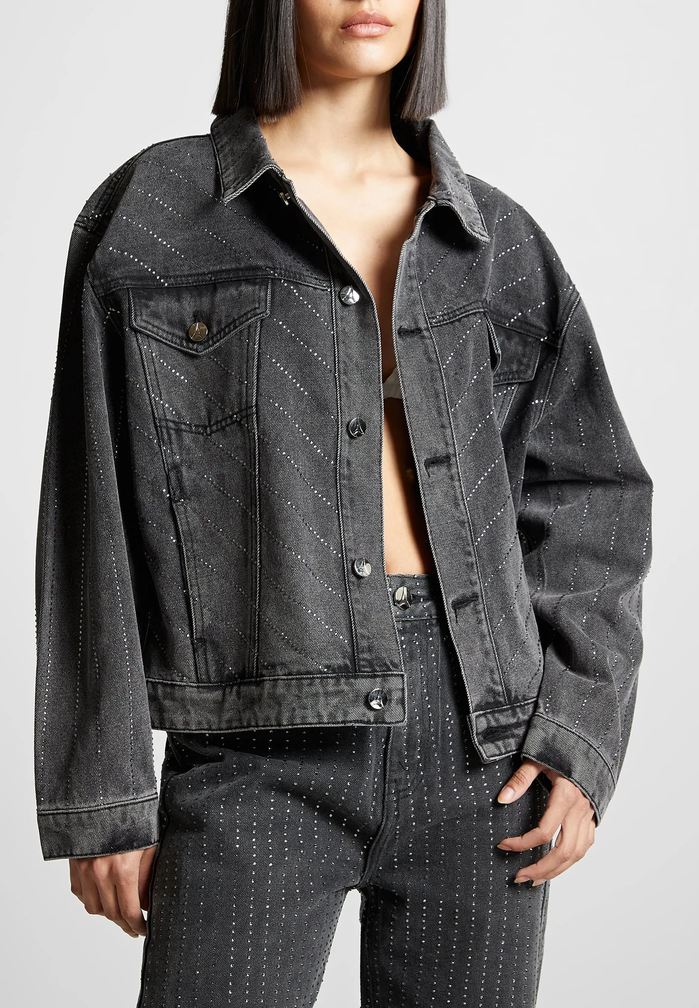 Oversized Rhinestone Denim Jacket - Washed Grey sold by Maniere De Voir