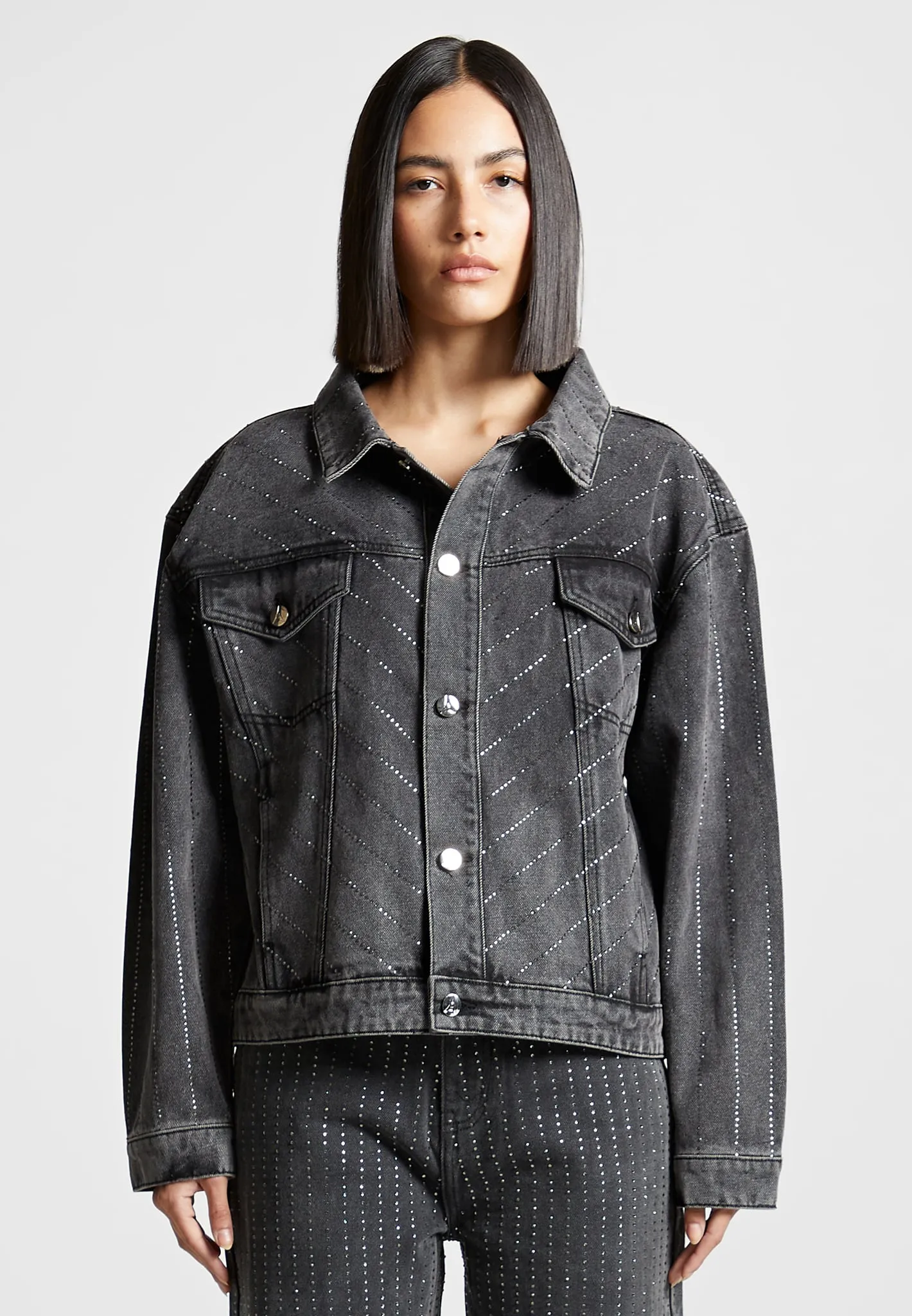 Oversized Rhinestone Denim Jacket - Washed Grey sold by Maniere De Voir product image thumbnail 4