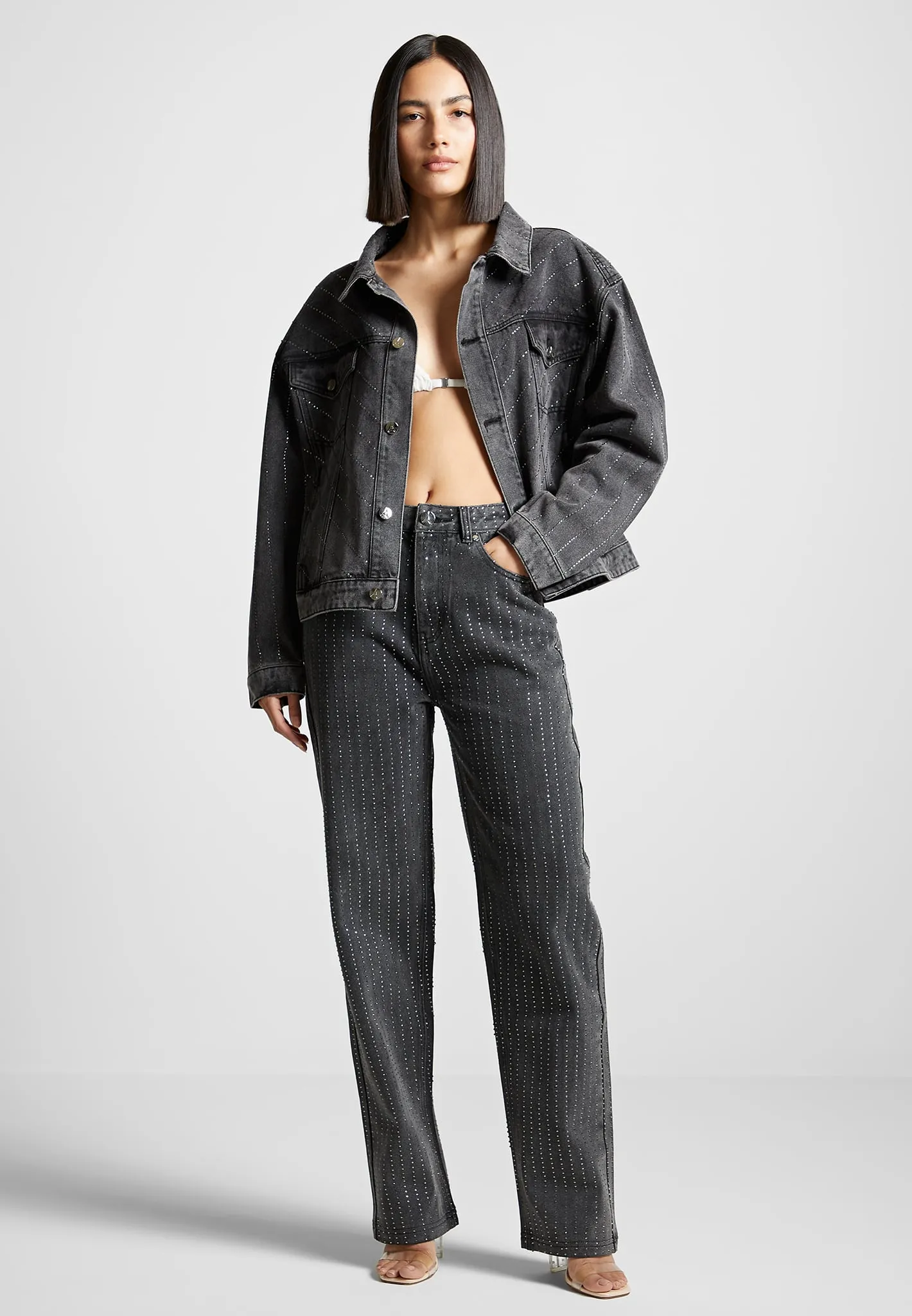 Oversized Rhinestone Denim Jacket - Washed Grey sold by Maniere De Voir product image thumbnail 3