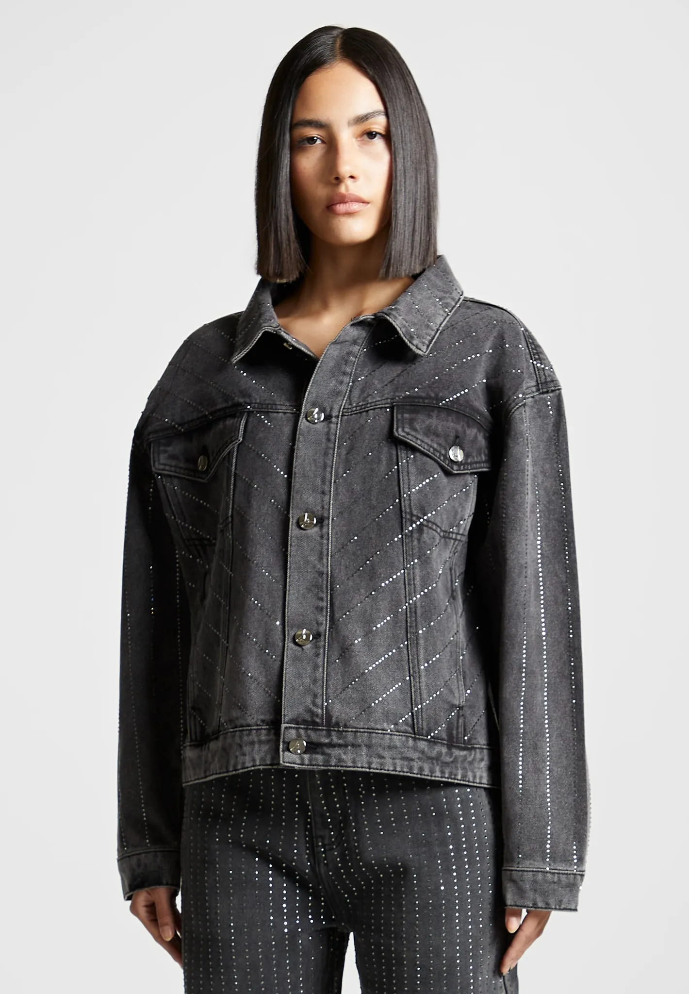 Oversized Rhinestone Denim Jacket - Washed Grey sold by Maniere De Voir product image thumbnail 5