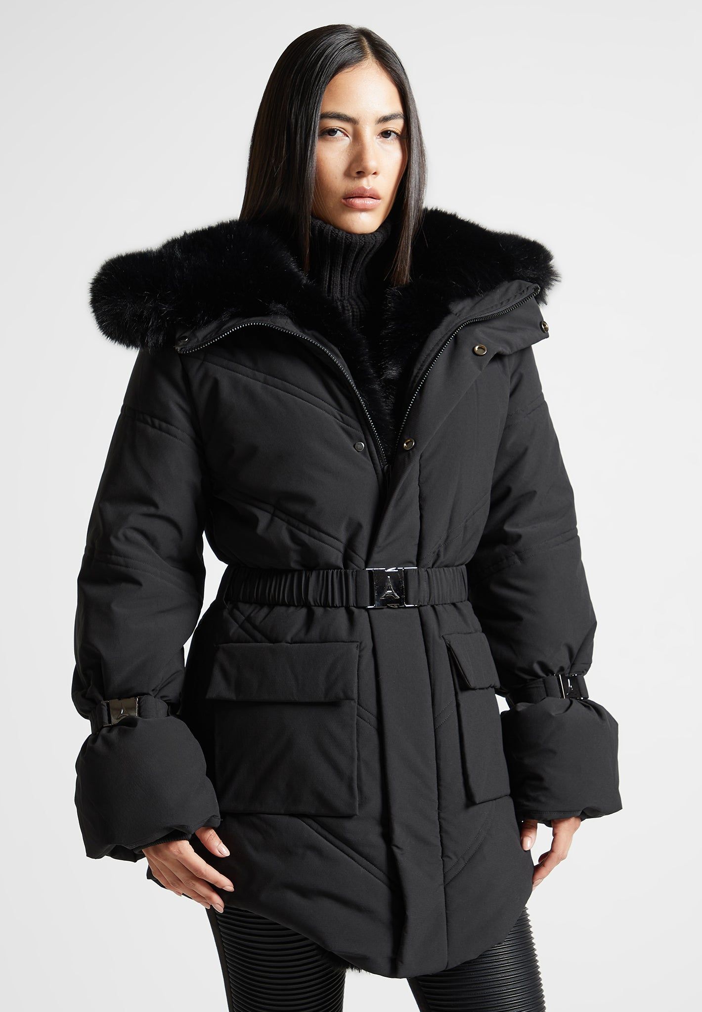 Belted Plush Lined Long Coat - Black sold by Maniere De Voir product image thumbnail 4