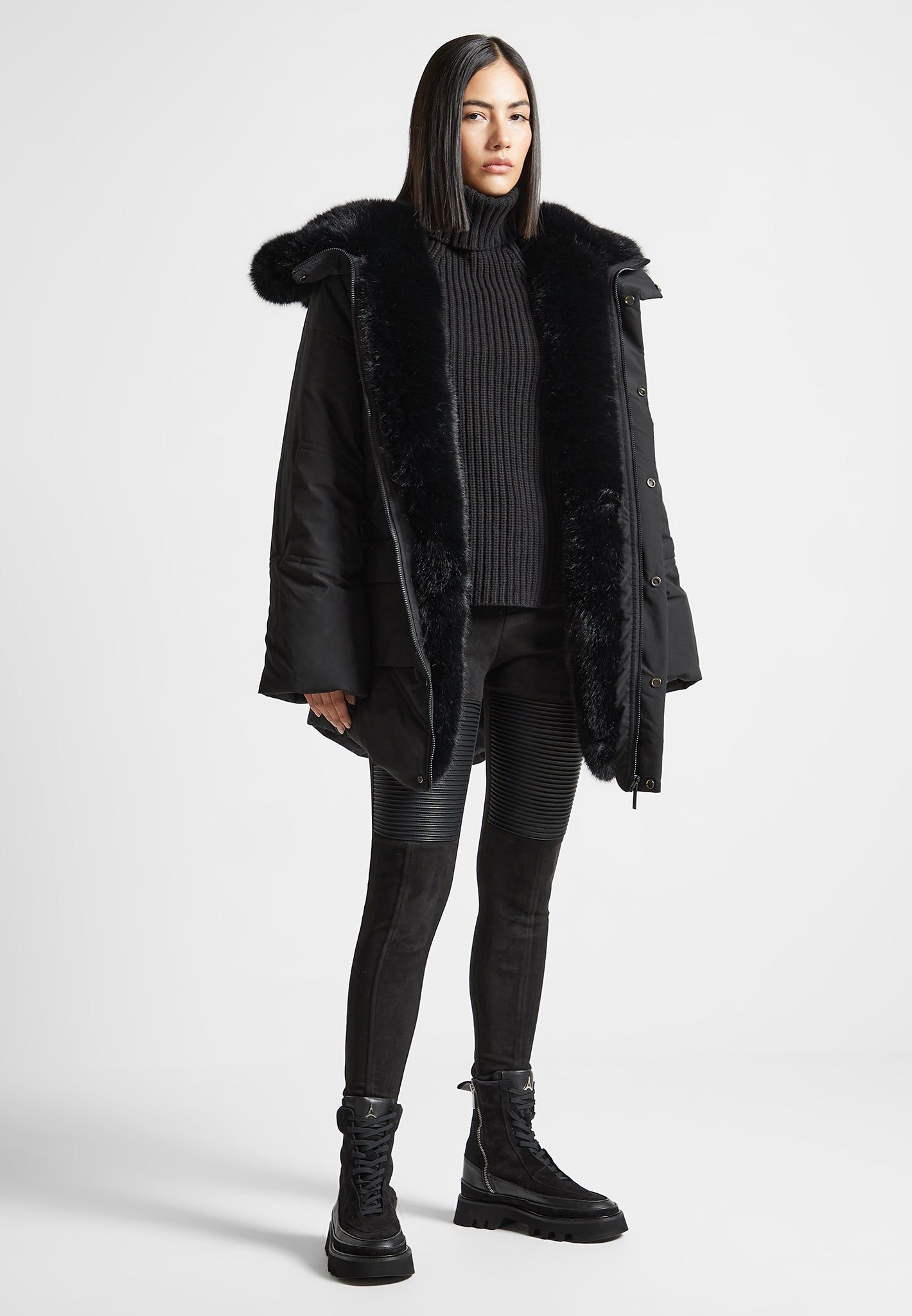 Belted Plush Lined Long Coat - Black sold by Maniere De Voir product image thumbnail 2