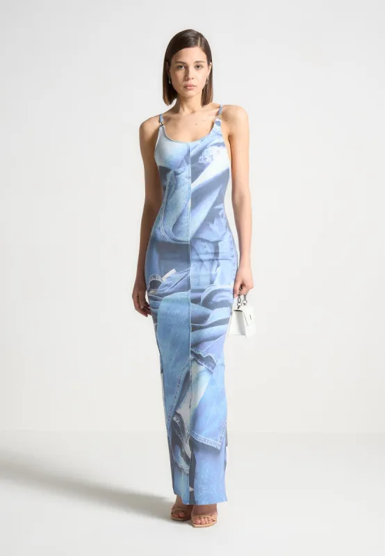 Printed Denim Effect Maxi Dress - Blue sold by Maniere De Voir