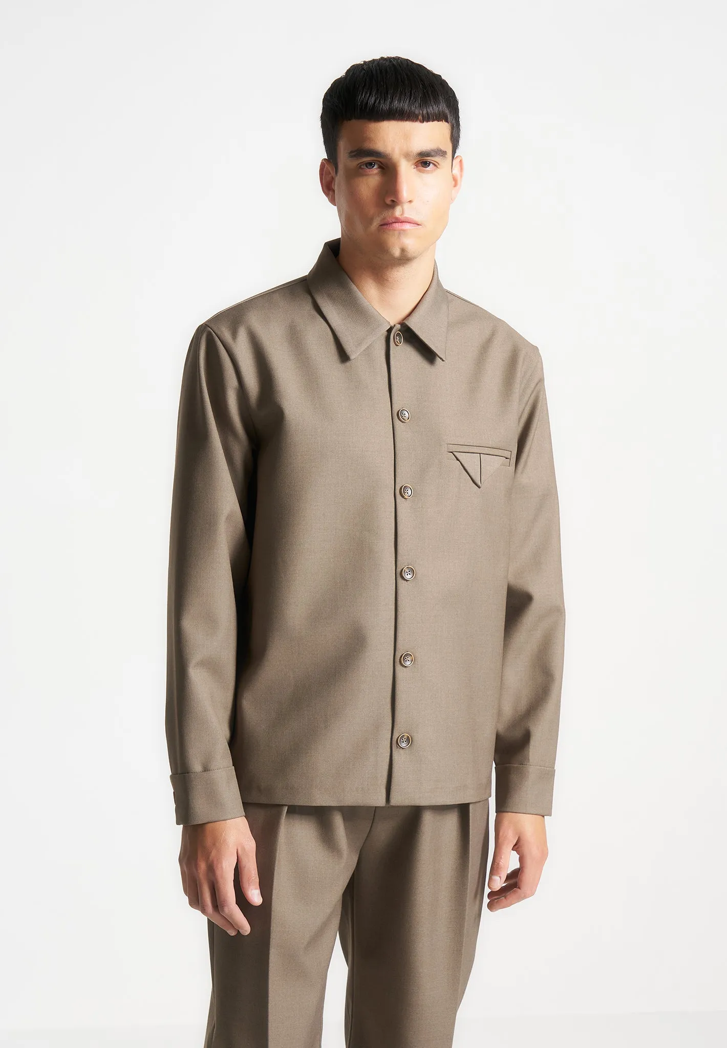 Hatched Tailored Long Sleeve Shirt - Khaki sold by Maniere De Voir