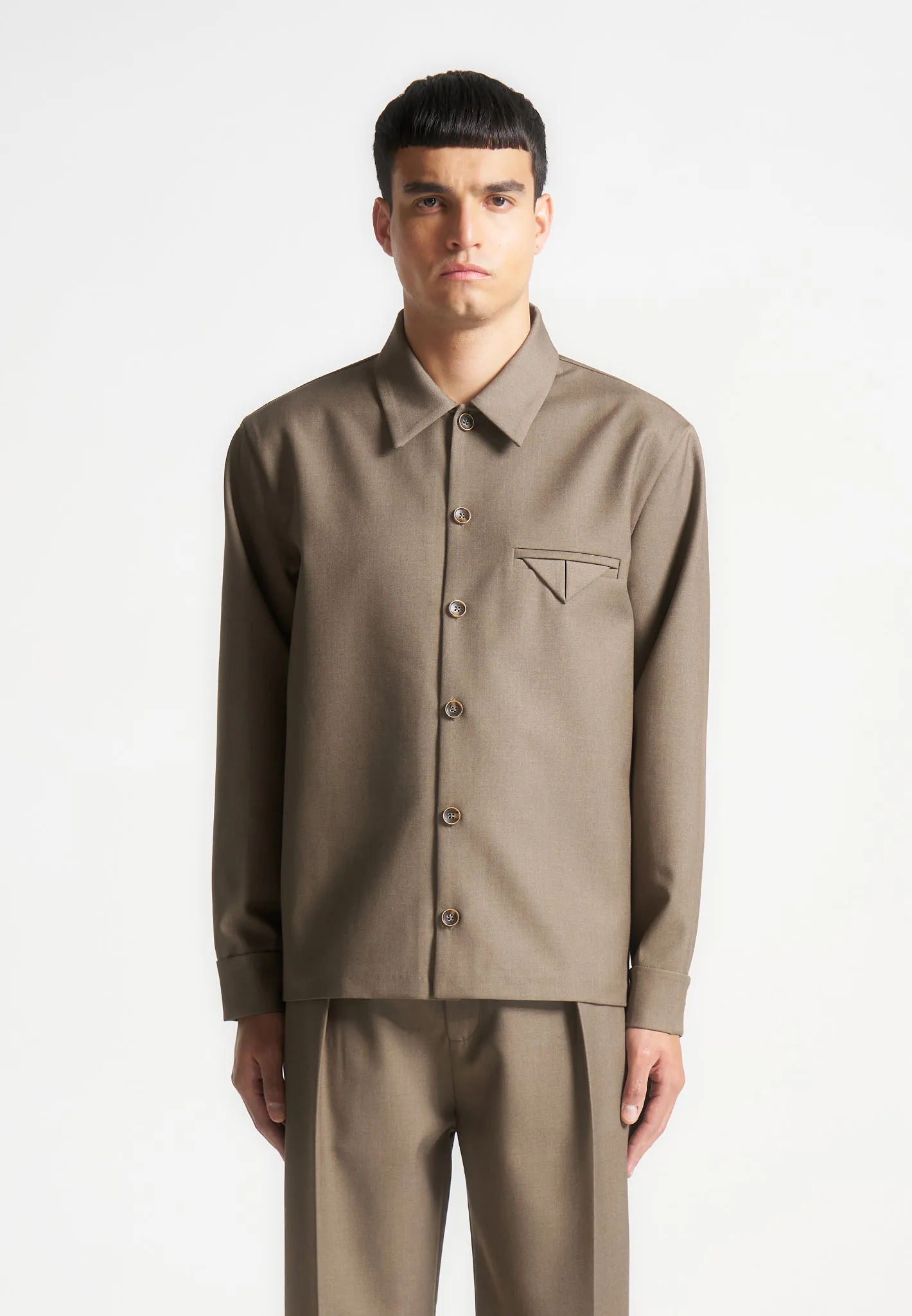 Hatched Tailored Long Sleeve Shirt - Khaki sold by Maniere De Voir product image thumbnail 4