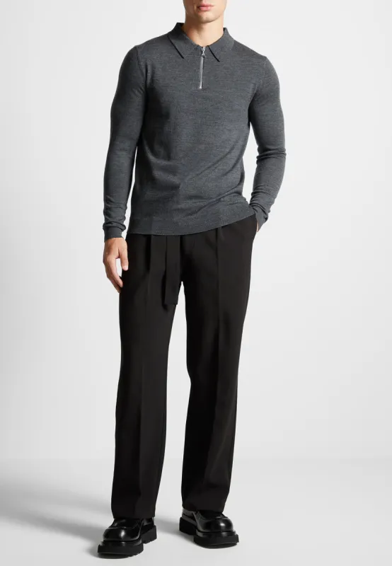 Merino Wool Long Sleeve Polo Top With Zip - Marl Grey made by Maniere De Voir