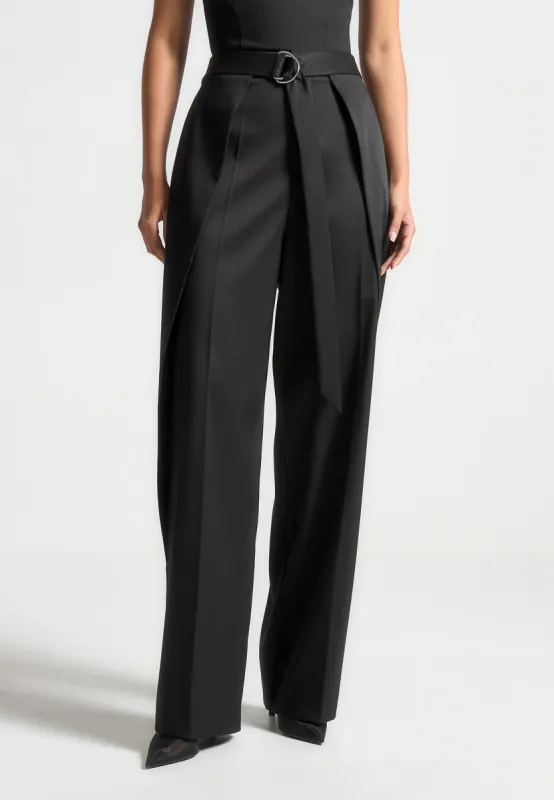 Foldover Sateen Trousers with D-Ring Belt - Black sold by Maniere De Voir