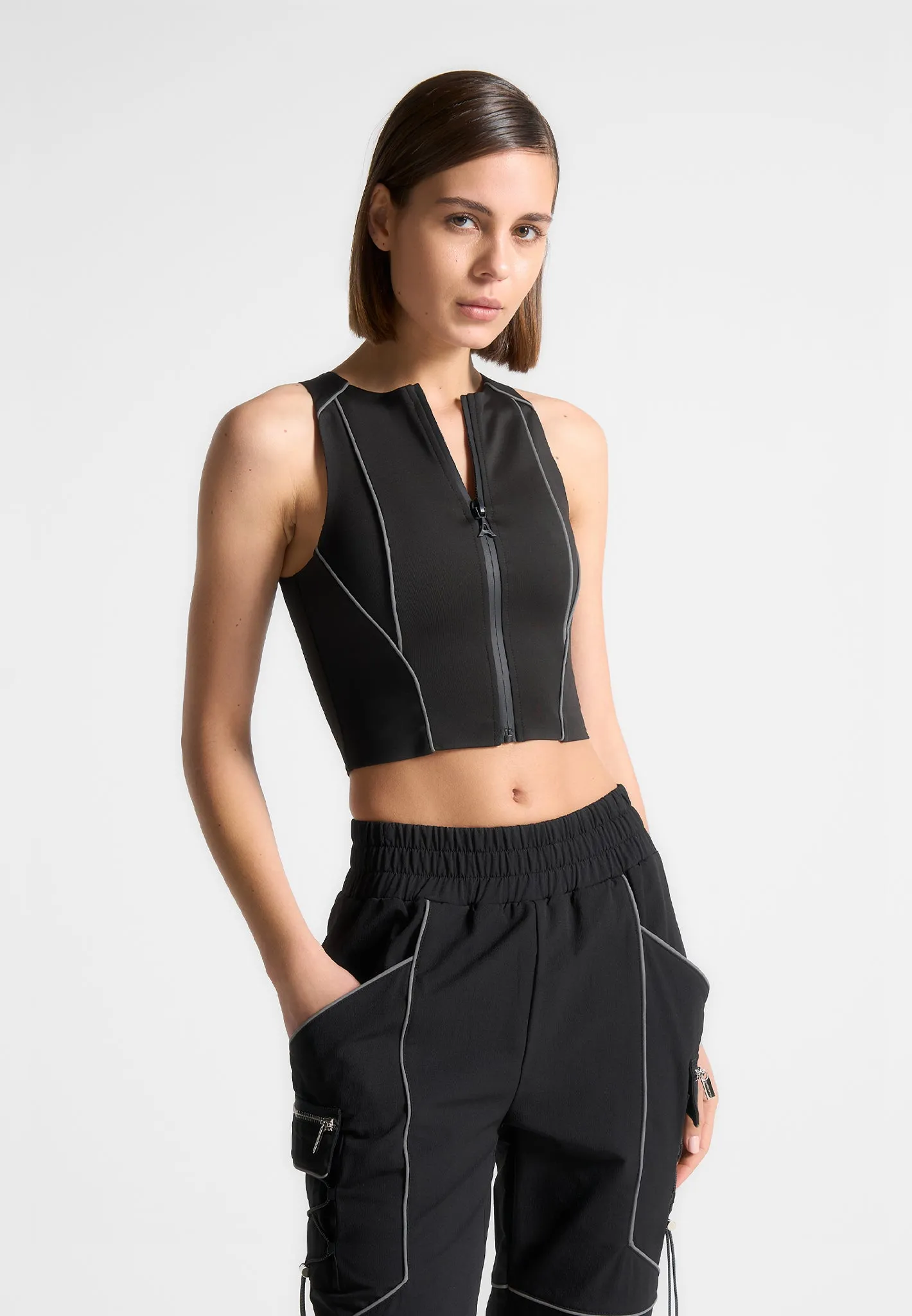 Reflective Piped Racer Crop Top - Black sold by Maniere De Voir