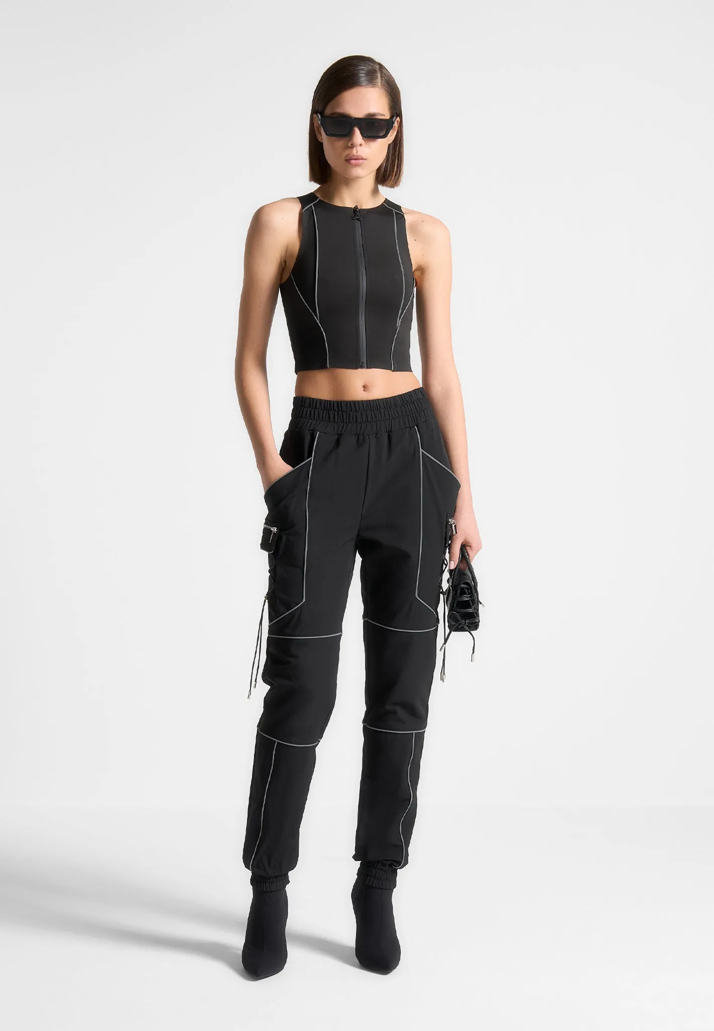 Reflective Piped Racer Crop Top - Black sold by Maniere De Voir product image thumbnail 2