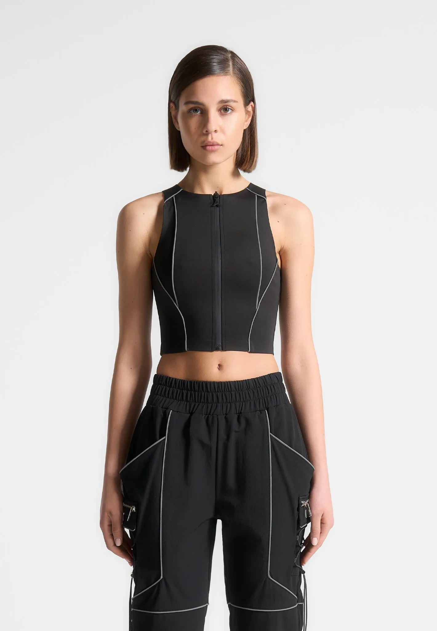 Reflective Piped Racer Crop Top - Black sold by Maniere De Voir product image thumbnail 3