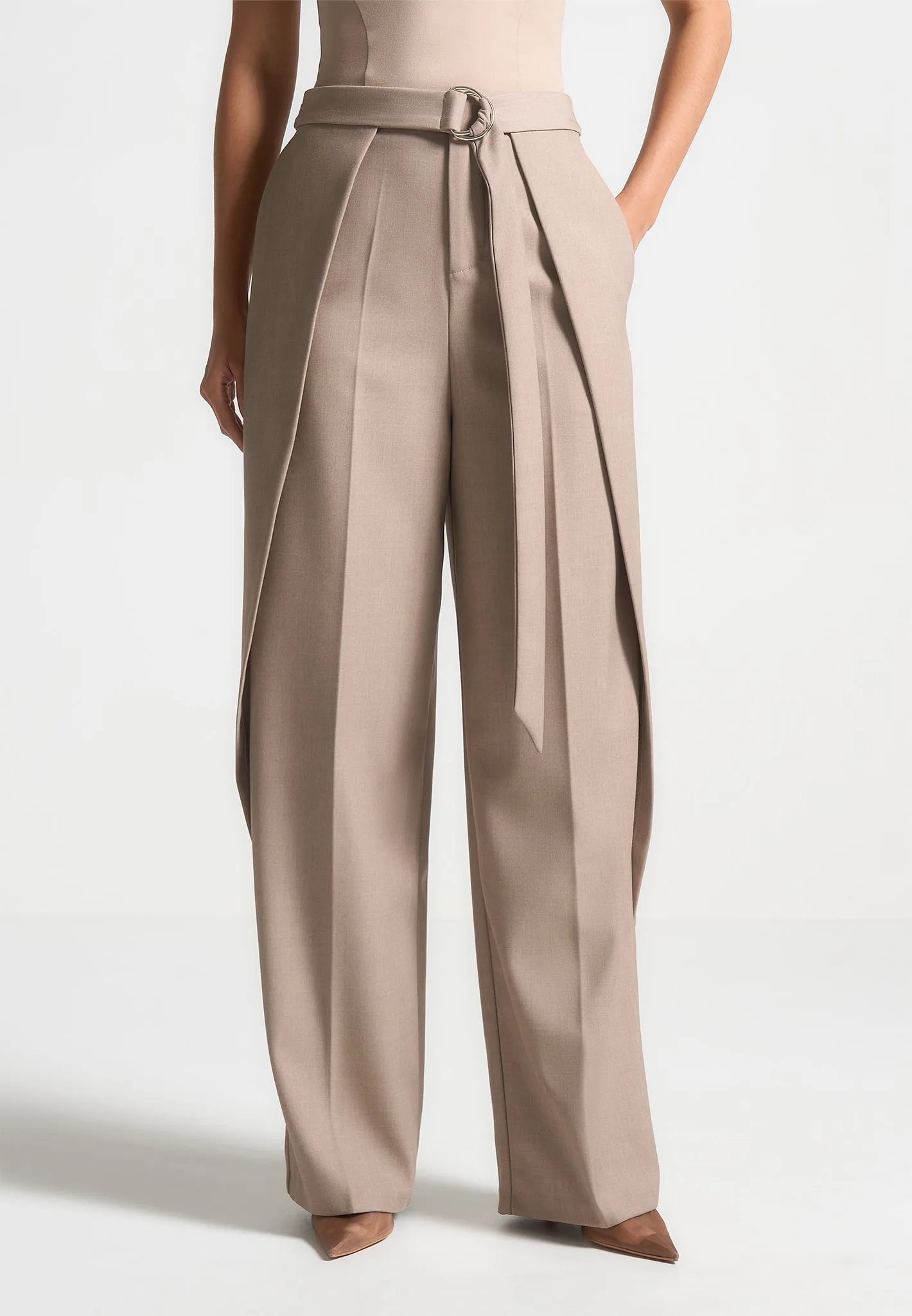 Foldover Tailored Trousers with D-Ring Belt - Taupe sold by Maniere De Voir