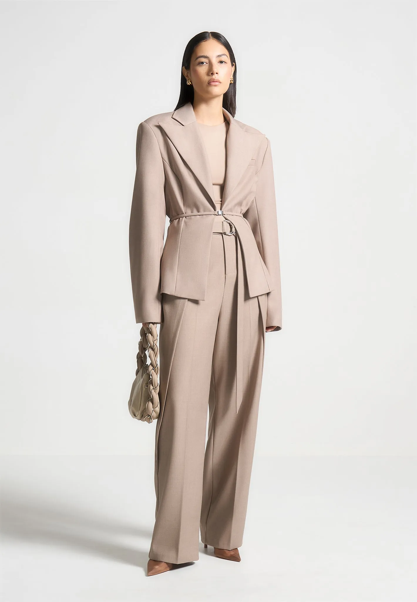 Foldover Tailored Trousers with D-Ring Belt - Taupe sold by Maniere De Voir product image thumbnail 2
