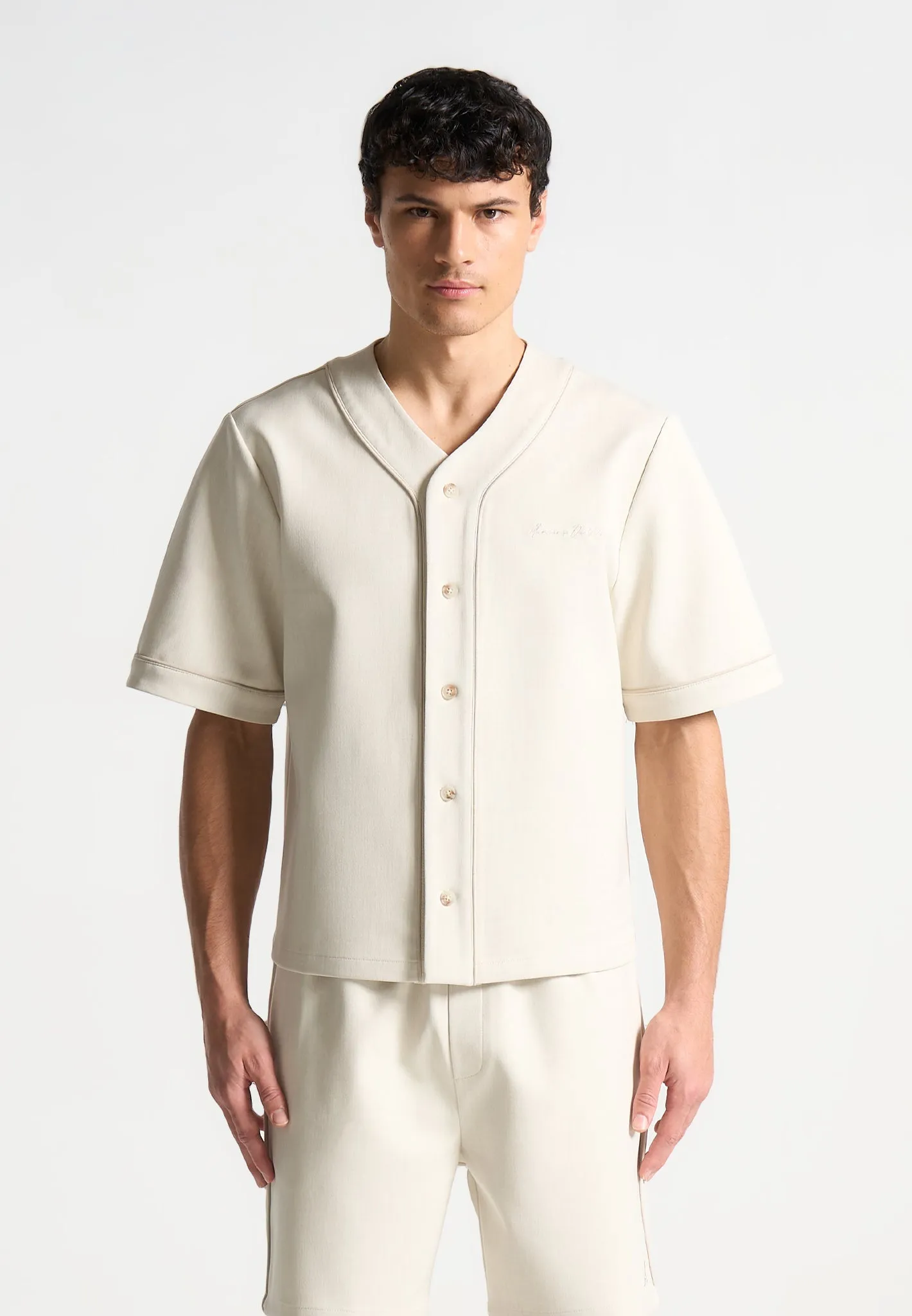 Signature Boxy Baseball Shirt - Beige sold by Maniere De Voir product image thumbnail 3