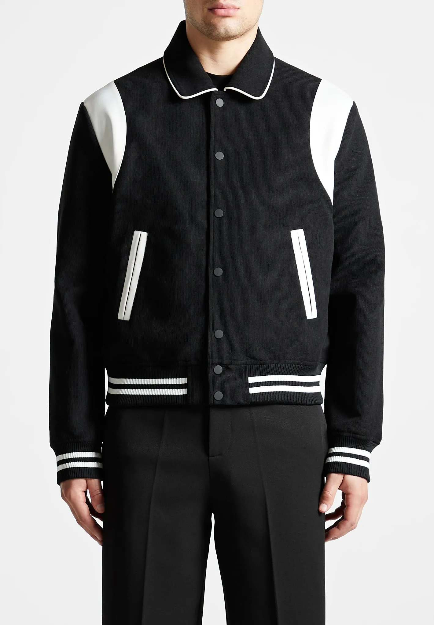 Satin Panel Corduroy Varsity Jacket - Black sold by Maniere De Voir product image thumbnail 3
