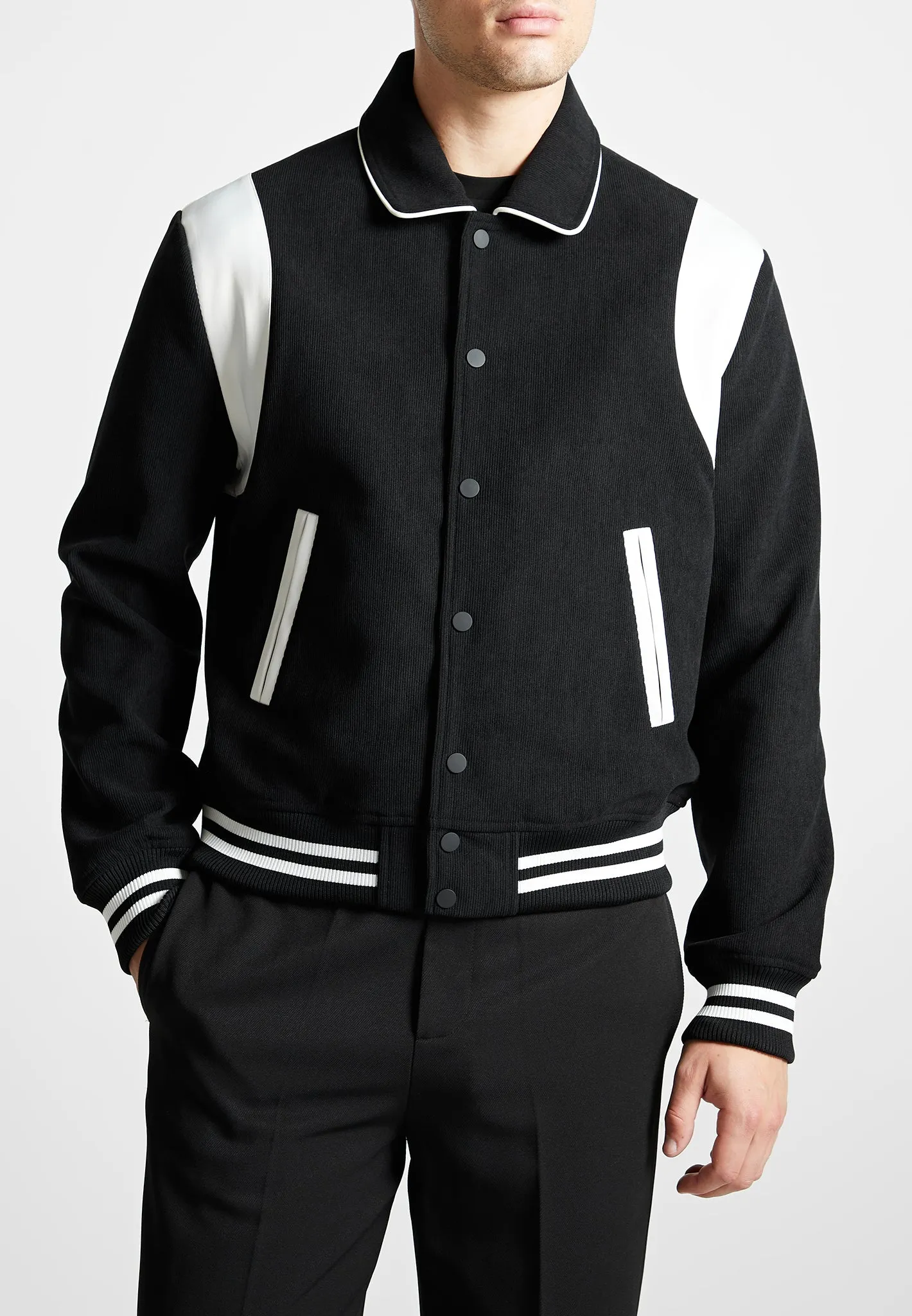 Satin Panel Corduroy Varsity Jacket - Black sold by Maniere De Voir product image thumbnail 4
