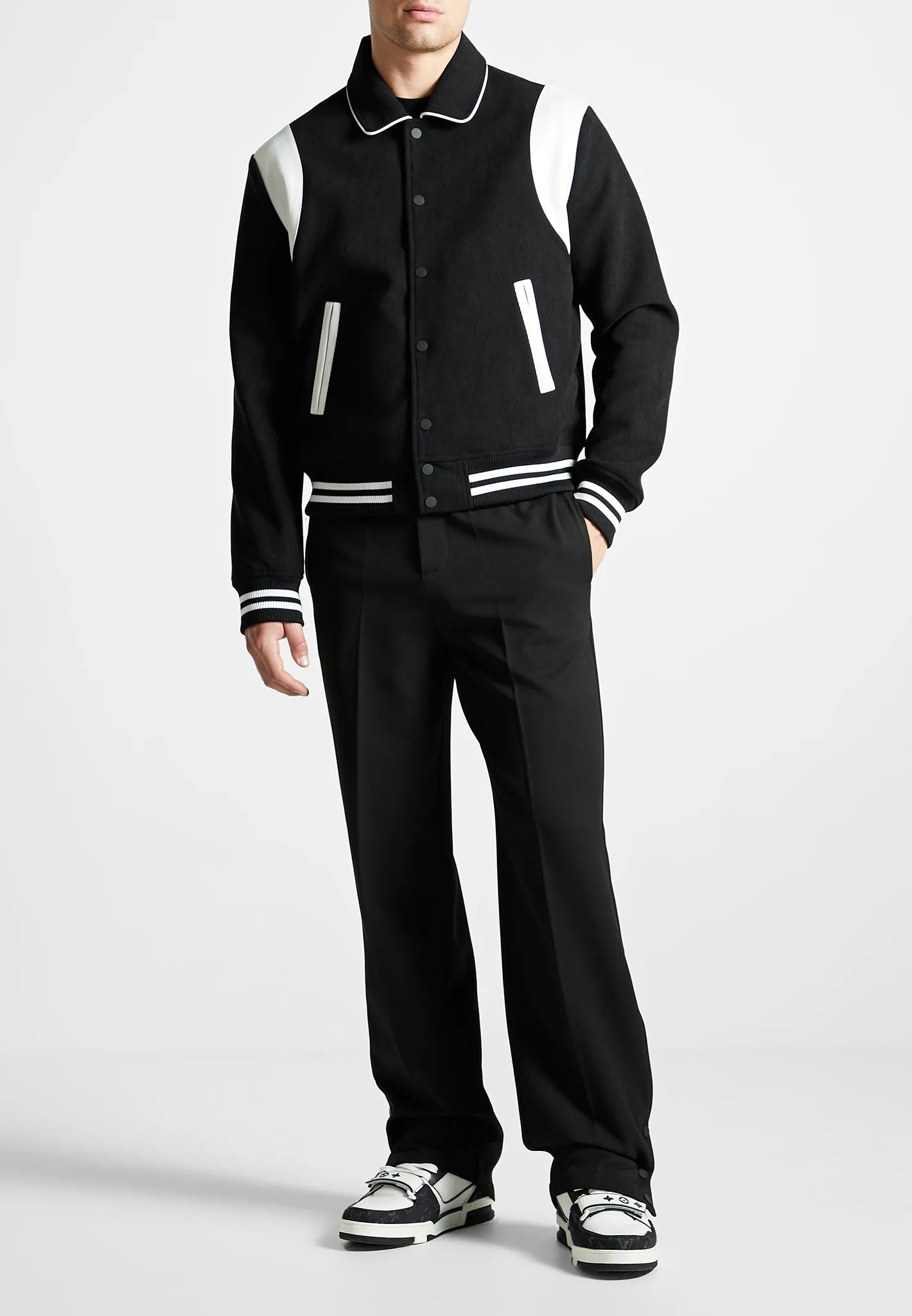 Satin Panel Corduroy Varsity Jacket - Black sold by Maniere De Voir product image thumbnail 2