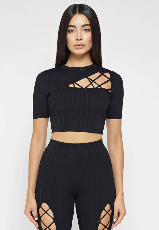 Knitted Lace Up Top - Black sold by Maniere De Voir