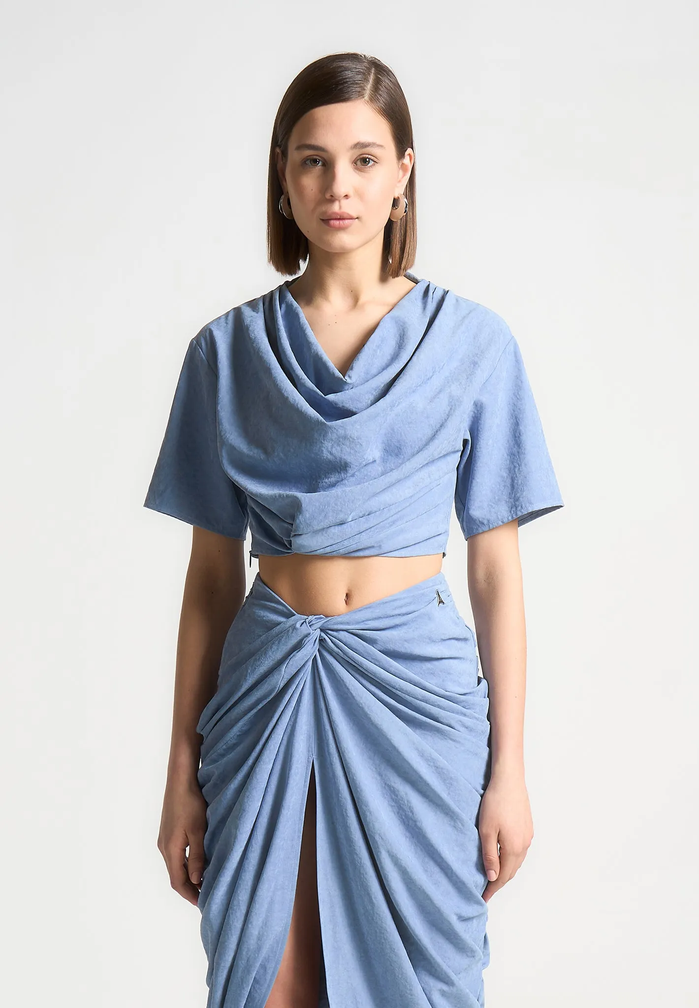 Cowl Neck Drape T-Shirt - Blue sold by Maniere De Voir