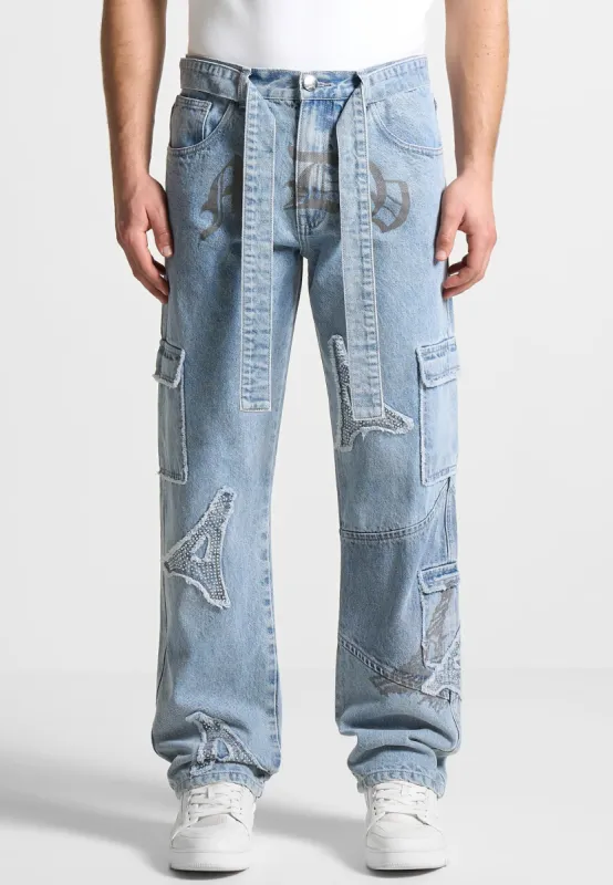 MDV Rhinestone Eiffel Patch Jeans - Stonewash Blue sold by Maniere De Voir