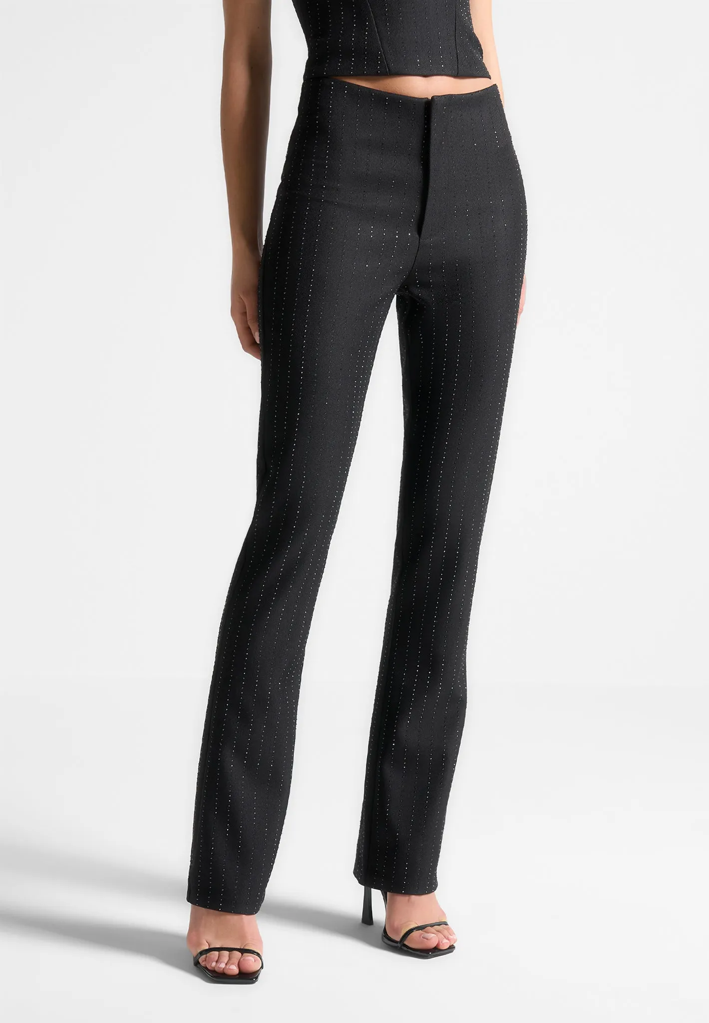 Rhinestone Tailored Straight Leg Trousers - Black sold by Maniere De Voir