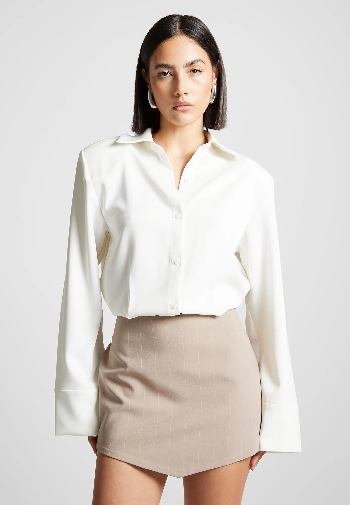 Pinstripe Skirt Shirt Dress - White/Beige sold by Maniere De Voir