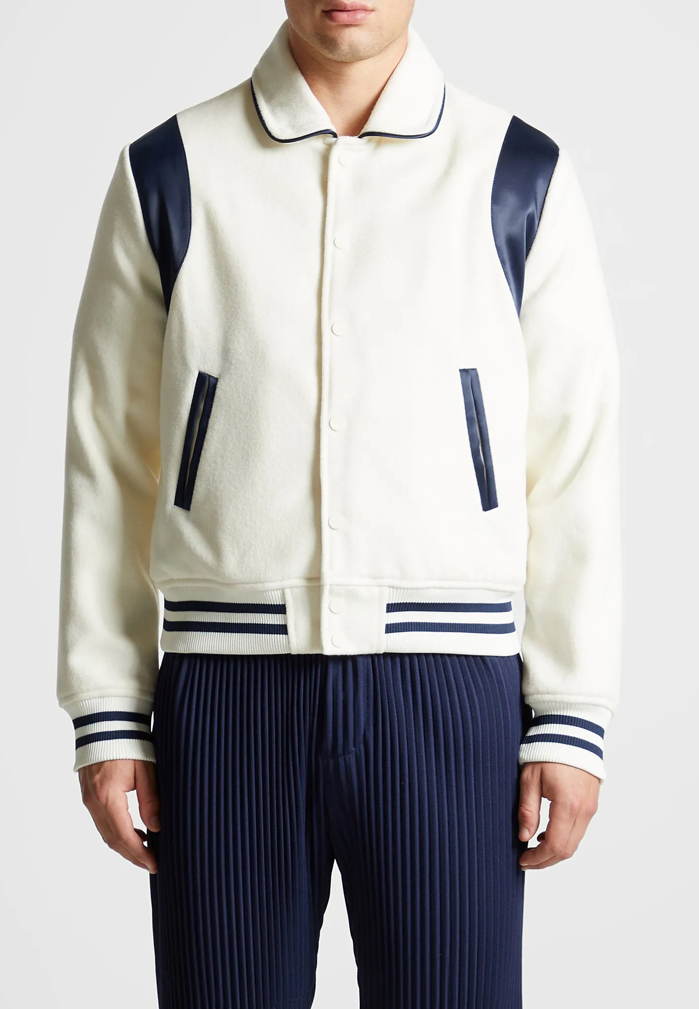 Satin Panelled Varsity Jacket - Off White sold by Maniere De Voir product image thumbnail 3