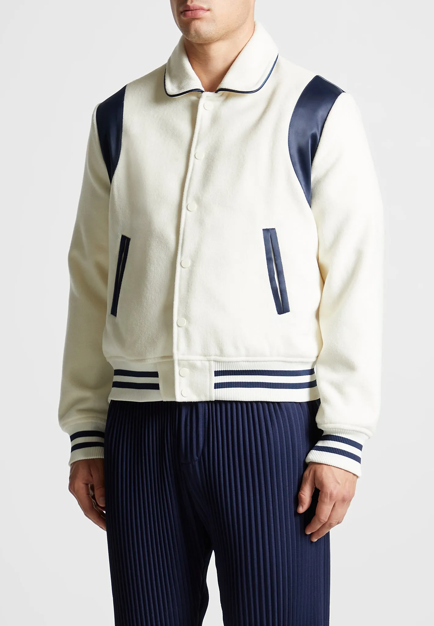 Satin Panelled Varsity Jacket - Off White sold by Maniere De Voir product image thumbnail 4