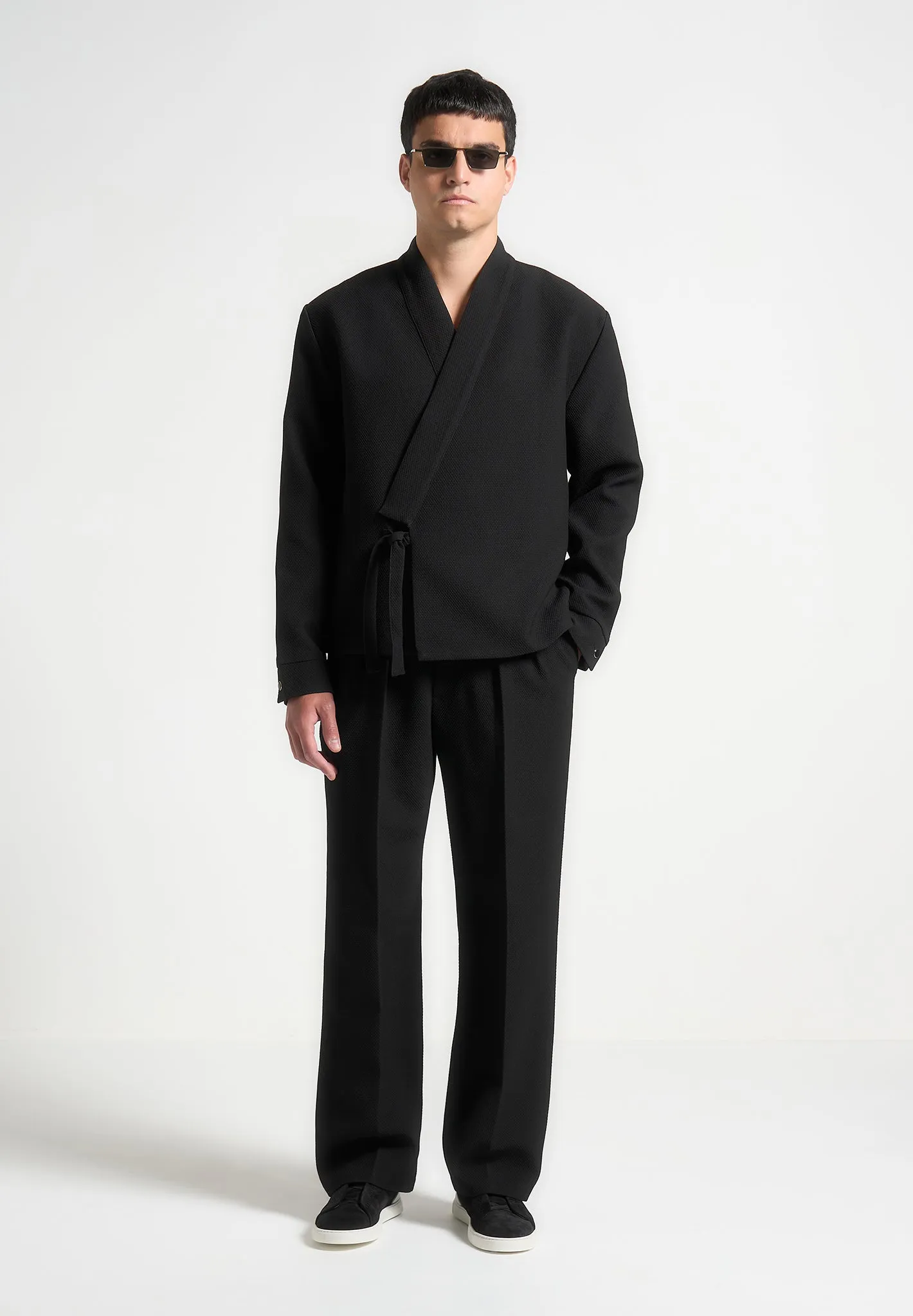 Relaxed Fit Textured Twin Pleat Tailored Trousers - Black sold by Maniere De Voir product image thumbnail 2
